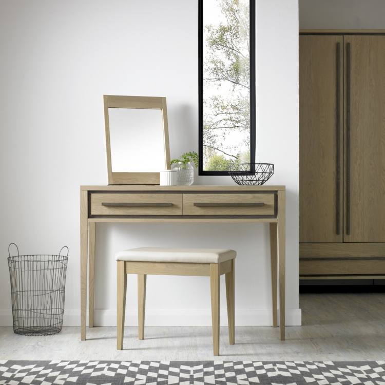 Bentley Designs Rimini Aged Oak & Weathered Oak Vanity Mirror, Dressing Table and Stool on Display