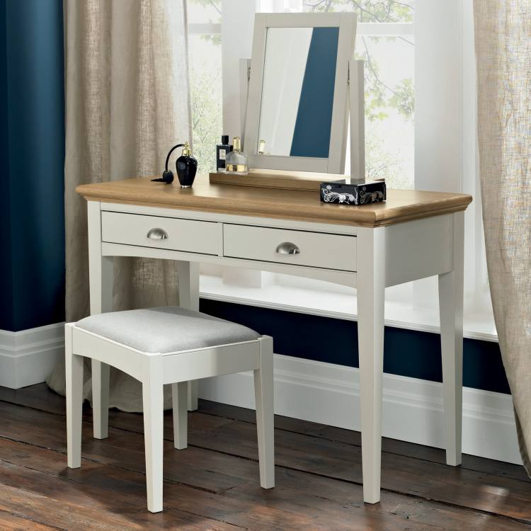 The Bentley Designs Hampstead Soft Grey & Pale Oak Vanity Mirror on Display with Hampstead Soft Grey & Pale Oak Dressing Table and Stool