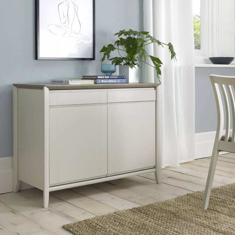 Narrow sideboard shown in room setting 