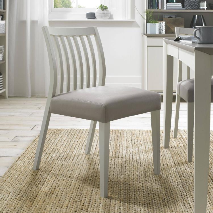 Bentley Designs - Bergen Soft Grey Slatted Low Back Dining Chairs - Grey Bonded Leather (Pair)