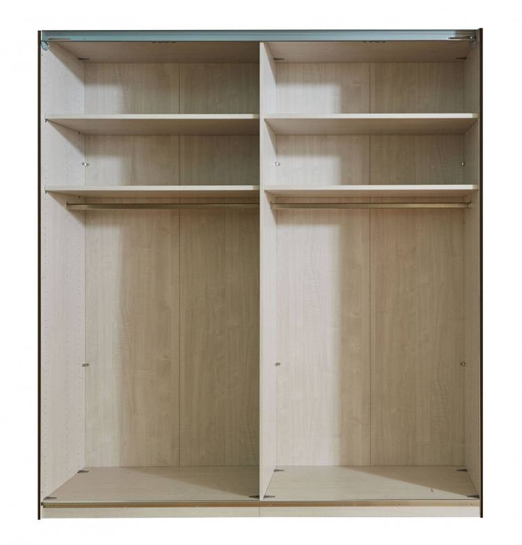 The wardrobe has 2 compartments (1 x 100cm + 1 x 50cm) each with 2 adjustable shelves and a hanging rail as standard. Pictured is an interior for a 4 door wardrobe (2 x 100cm interiors) 