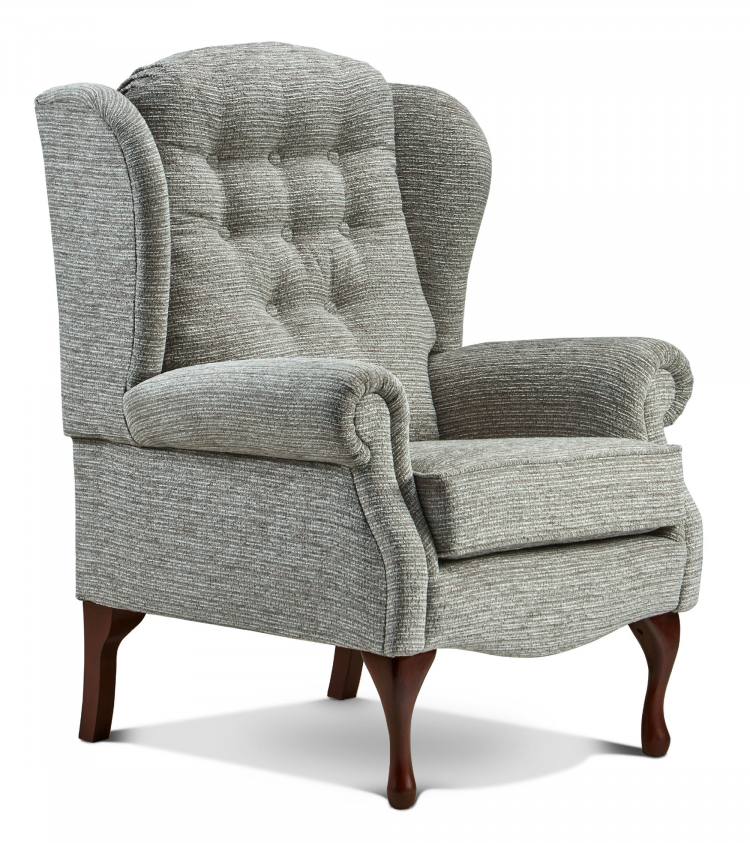 Lynton Fireside High seat chair in Tuscany Grey fabric with Queen Anne Dark legs