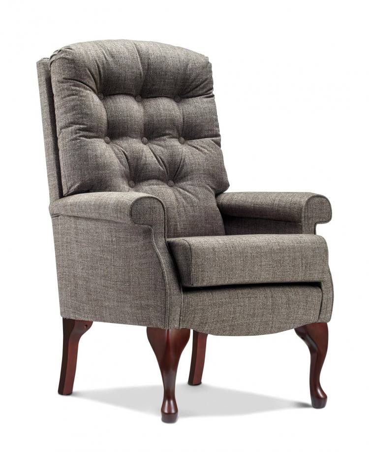 Chair shown in Highland Grey fabric with dark Queen Anne style legs 