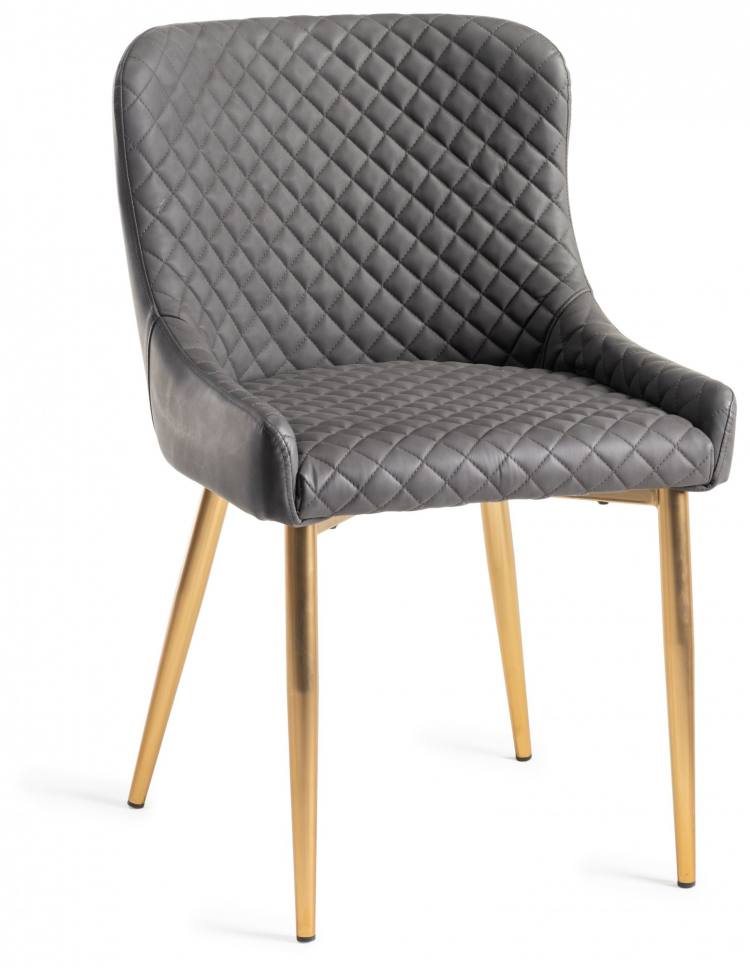 The Bentley Designs Cezanne Dark Grey Faux Leather Chairs with Matt Gold Plated Legs 